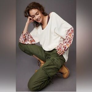 Anthropologie Annette Top Ivory Paisley Long Sleeve Waffle Knit top